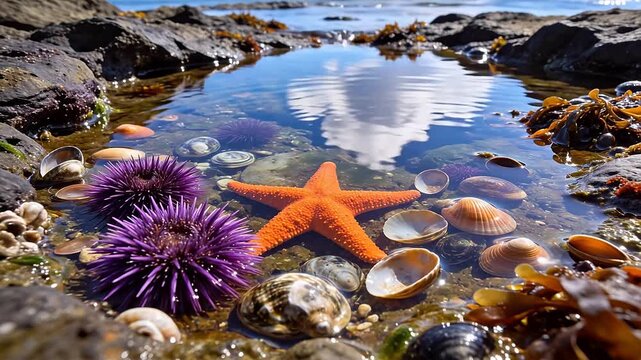 Sea stars and sea urchins in tide pool