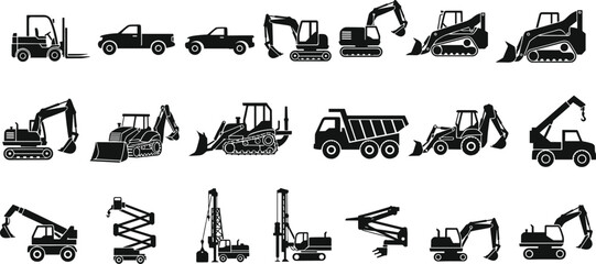 Construction and heavy machinery vehicle silhouettes set isolated on white background industrial equipment collection © MdAbdullahAl