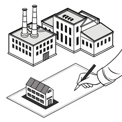 Naklejka premium Isometric factories and hand building industrial buildings
