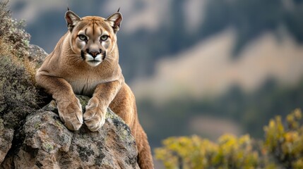 Mountain lion crouched on rocky ledge wilderness wildlife photography natural habitat close-up predator behavior