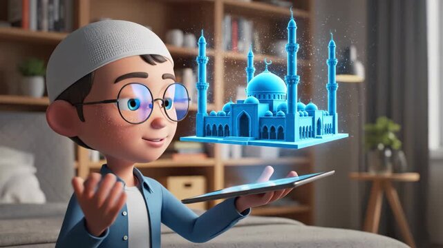 A smiling young muslim boy in a kufi is interacting with a brilliant blue holographic mosque projection displayed on his tablet in a cozy 3d rendered living room.