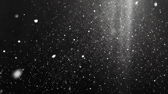 Shimmering white particles and abstract light rays create a magical dark background overlay effect