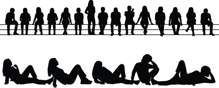 People silhouettes collection isolated on white background, sitting and reclining group figures set