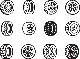 Wheel tire icon set in black outline and flat style, clean rubber car wheel vector for web and print. © Md Ataullah 