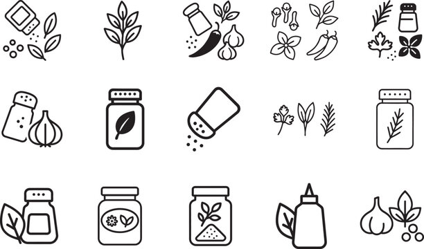Spices condiments and herbs minimal thin line icon set, clean outline vector for web and print use.
