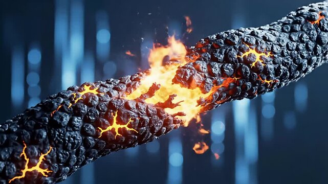 Glowing charred fiber snapping under extreme stress with fire and bokeh background