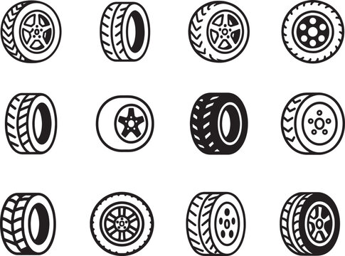 Wheel tire icon set in black outline and flat style, clean rubber car wheel vector for web and print.