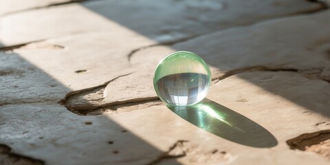 Obraz premium Single glass marble with sunlit shadows on stone pavement, close up macro