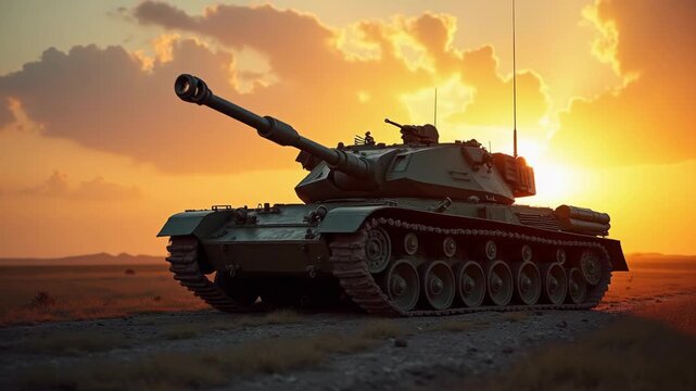 Wide shot of armored tank at sunset with thrown track, broken treads lying on rutted soil, dramatic backlight, big copy space.
