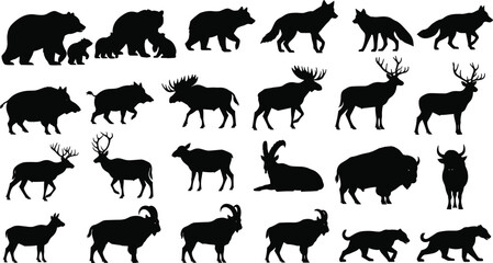Obraz premium Wild animal silhouettes collection isolated on white background featuring forest and wildlife species