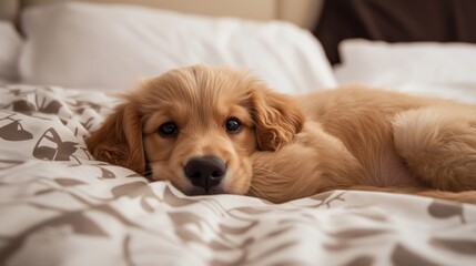Adorable puppy with floppy ears relaxing on a cozy bed indoor setting soft lighting heartwarming scene