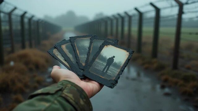 Rainy outdoor scene, soldier hand holding soggy burnt photos over muddy ground, water droplets, barbed wire fence blurred behind, overcast light.
