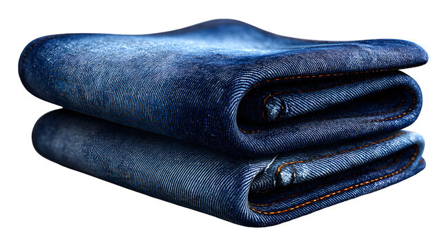 Folded dark blue jeans with orange stitching isolated on white background