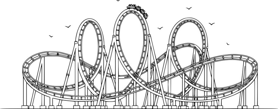 Minimalist continuous single line drawing of a roller coaster, dynamic amusement park ride vector illustration.