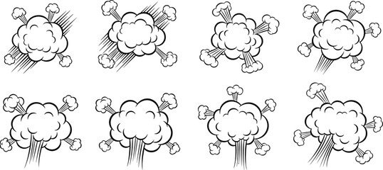 Cartoon explosion smoke cloud set with comic blast effects isolated on white background hand drawn vector collection © Sajjat