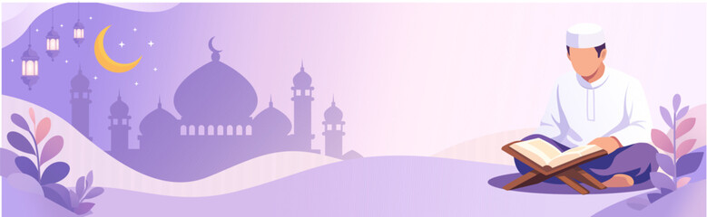 Fototapeta premium Muslim Man Reading Quran with Mosque Silhouette and Crescent Moon Ramadan Background