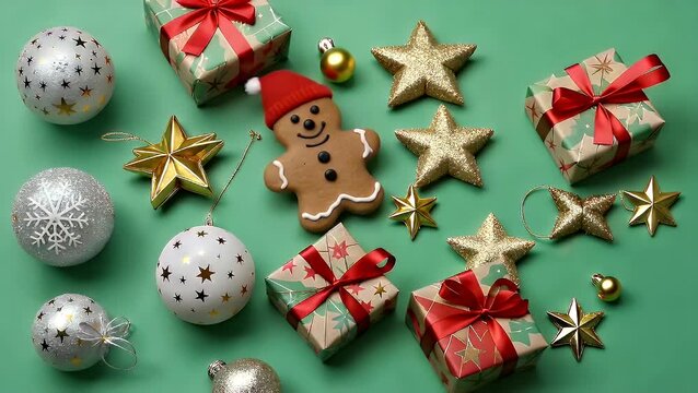 A collection of festively wrapped packages and seasonal holiday adornments arranged from above on a solid emerald-colored backdrop