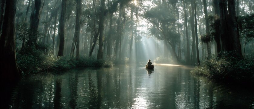 person paddles canoe through flooded forest at dawn