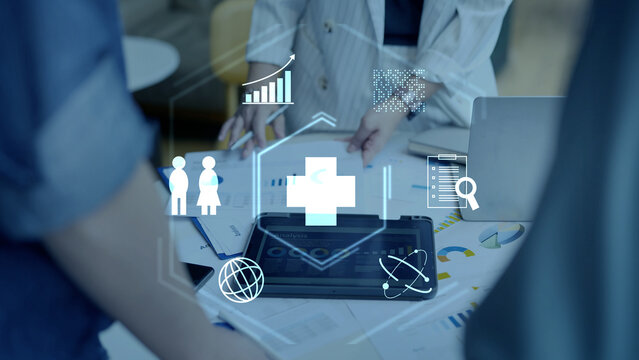Health insurance medical healthcare. Medical business life protection plan, digital hospital technology, medicine, patient checkup service, global science research innovation, and smart wellness 