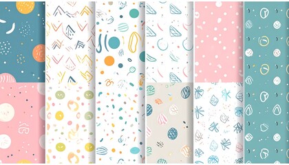 Colorful seamless patterns with various doodle-style elements like dots, lines, and shapes in pastel colors, ideal for textile or background designs