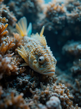 Close up of a butter fish resting underwater on sae weed
