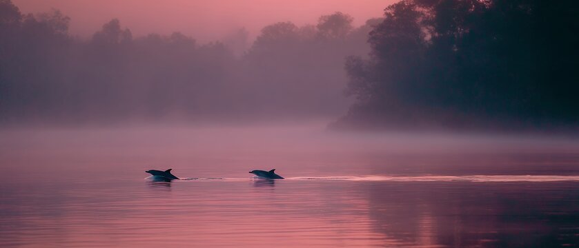 pink river dolphins swim at dusk in amazon