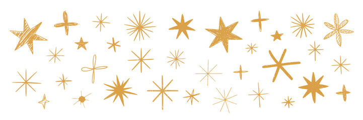 Obraz premium Stars, Colored Sketches, Crayon and Pencil Textured Drawings Set, vector illustration collection featuring hand-drawn doodle stars, chalk and crayon textures, twinkle and sparkle elements