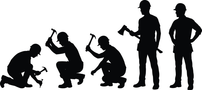 Construction worker silhouette set, builder hammer tool, carpenter repair work, cad drawing flat vector illustration on white background, industrial engineering.
