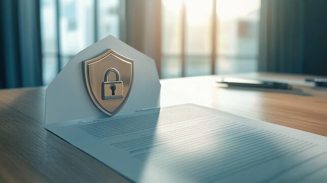 Secure insurance document featuring shield office setting professional photography modern environment close-up view trust and protection concept