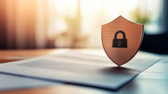 Secure insurance document with shield icon office environment digital content professional viewpoint safety concept