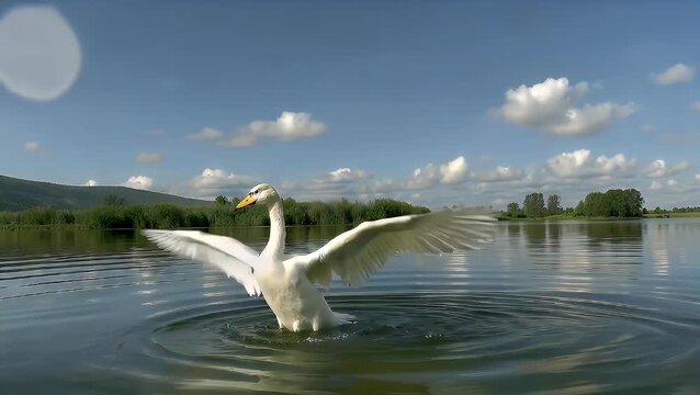 A Grand and Regal Whooper Swan Exhibiting the Full Breadth of Its Wings in a Mid-Flight Flap Over a Serene Lake on a Luminous Summer Day
