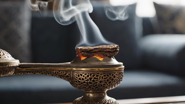 A moody close-up shot captures aromatic smoke rising from burning oud wood placed in an ornate golden censer indoors, emphasizing a warm, spiritual atmosphere.