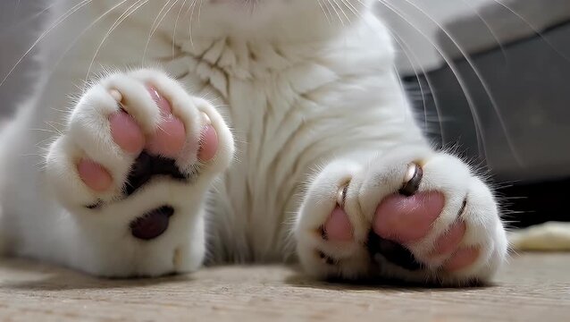 A Detailed and Intimate Photographic Study of a Feline's Light-Colored Foot and Toe Beans