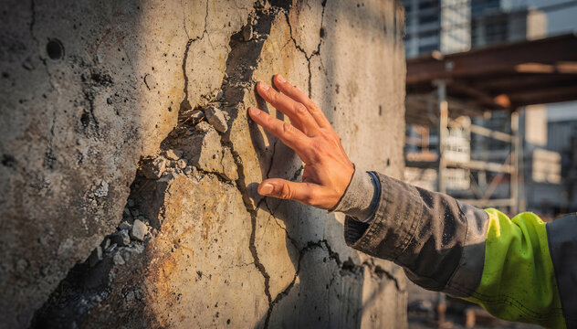 Hand Touches Cracked Concrete at Construction Site, Focus on Defect Inspection, Foundation Problems and Safety, Engineering Assessment of the Damage