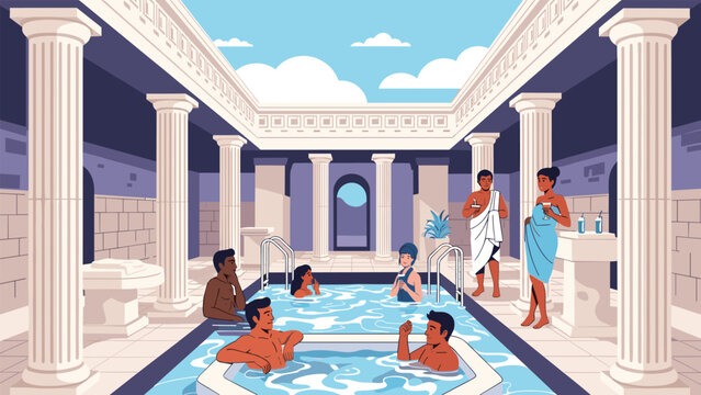 Illustration of a classical roman style bath house with people relaxing in swimming pools surrounded by elegant marble columns.