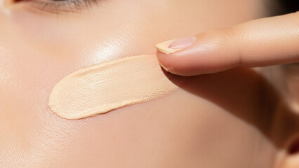 Naklejka premium Close-up shot of a hand applying liquid foundation on a woman's cheek, highlighting the beauty routine of blending cosmetic makeup for an even skin tone and radiant complexion