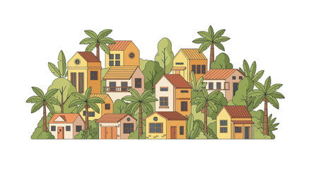 Charming cartoon village with tropical palm trees and lush greenery