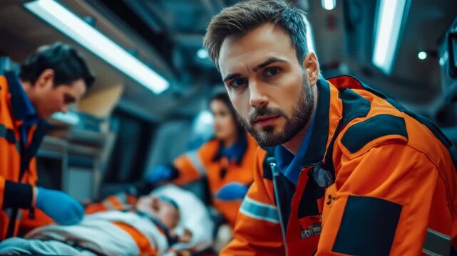 Serious young adult caucasian male paramedic looking at camera while colleagues treat an injured patient inside an ambulance.
