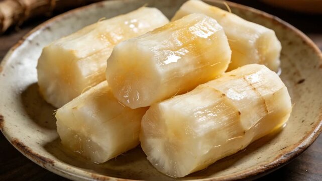 cooked manihot esculenta boiled cassava root ready to serve zoom out video