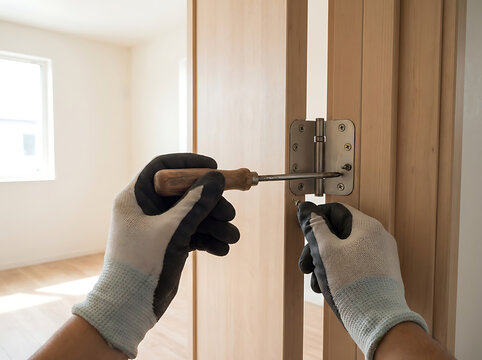 A plain wooden door being aligned on its hinges by a worker holding a tool in a point-of-view image, suitable for an illustration in a carpentry or home improvement article