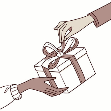 Hands exchanging gift box with ribbon giving