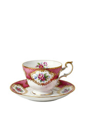 Fototapeta premium highly detailed watercolor illustration of a vintage english bone china teacup and saucer with intricate rose pink botanical decor and gold gilt on a white background. concept of vintage elegance and