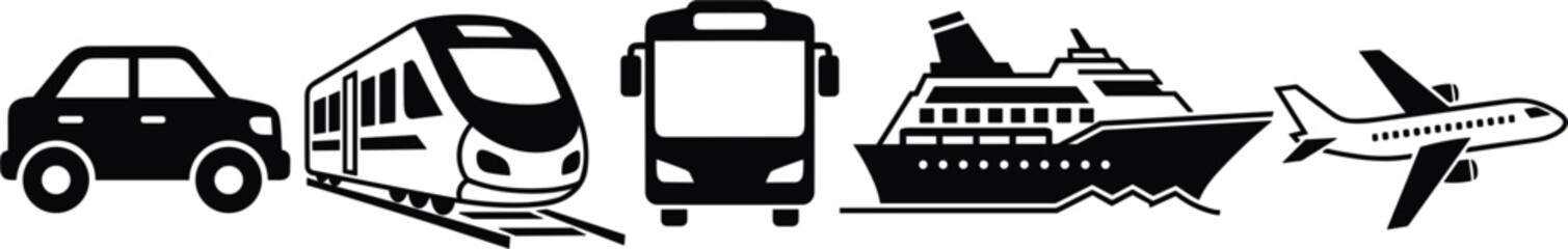 Obraz premium Black and White Transportation Icon Set Featuring Car, Train, Bus, Cruise Ship, and Airplane for Travel Logistics, Tourism, and Public Transit Graphics