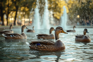 Fototapeta premium Ducks swimming in a city park fountain surrounded by urban landscape and golden trees, generative ai