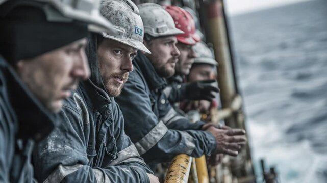Workers on offshore oil rig or ship looking out to sea
