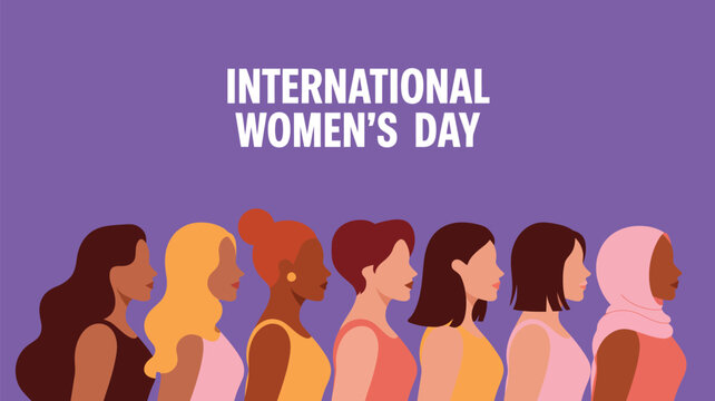 international women&rsquo;s day banner with diverse female profiles illustration, empowerment equality celebration poster template