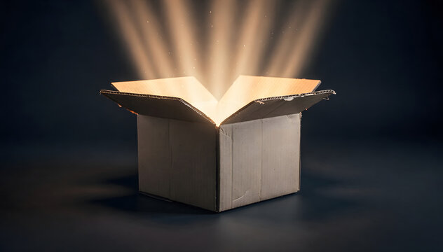 Mysterious Cardboard Box Emitting Bright Light: A Symbol of Hope, Discovery, and Unveiling Potential in the Dark, a Powerful Image for Innovation, and Solutions