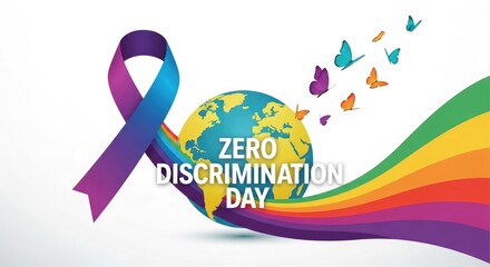 Obraz premium Zero discrimination day with a ribbon globe and colorful butterflies