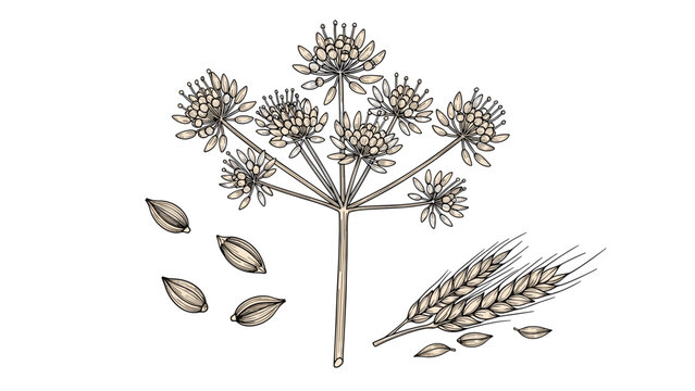 Detailed botanical illustration of a cumin plant with its flowers and seeds alongside some wheat ears on white background.