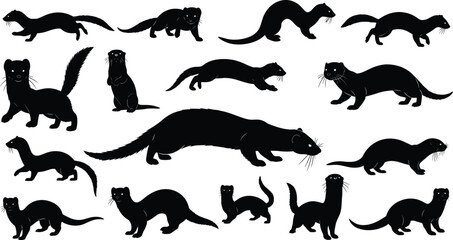 Black ferret silhouettes collection, various poses of mink weasel animals isolated on white background, wildlife vector illustration set